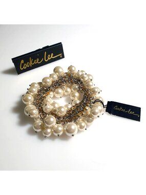 Cookie Lee Faux White Pearl Charm Stretch Bracelet Elegant Accessory Silver Tone